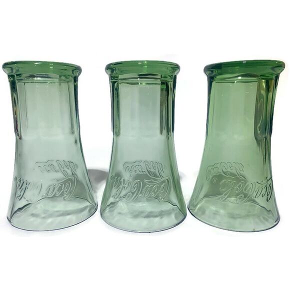 Coca Cola Glasses Green Thick and Heavy by Libbey Retro Look Lot of 3 - Picture 5 of 6